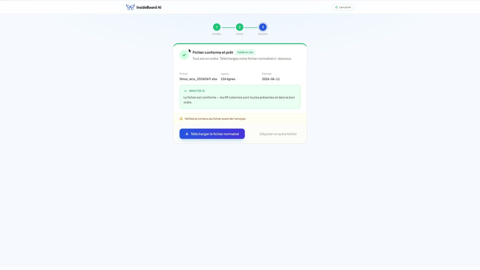 The client portal after a recorded run: 226 rows validated in 16 seconds, with all 89 expected columns present and in order. End-client identity removed.